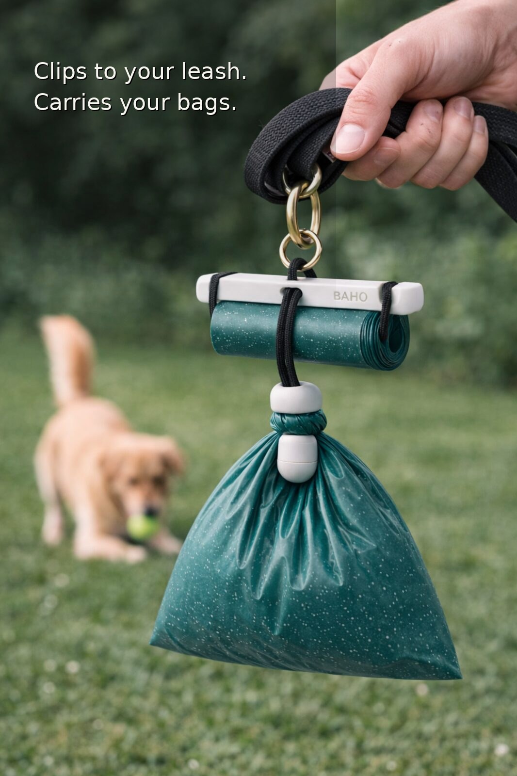 BAHO minimal dog waste bag holder in use on a dog walk
